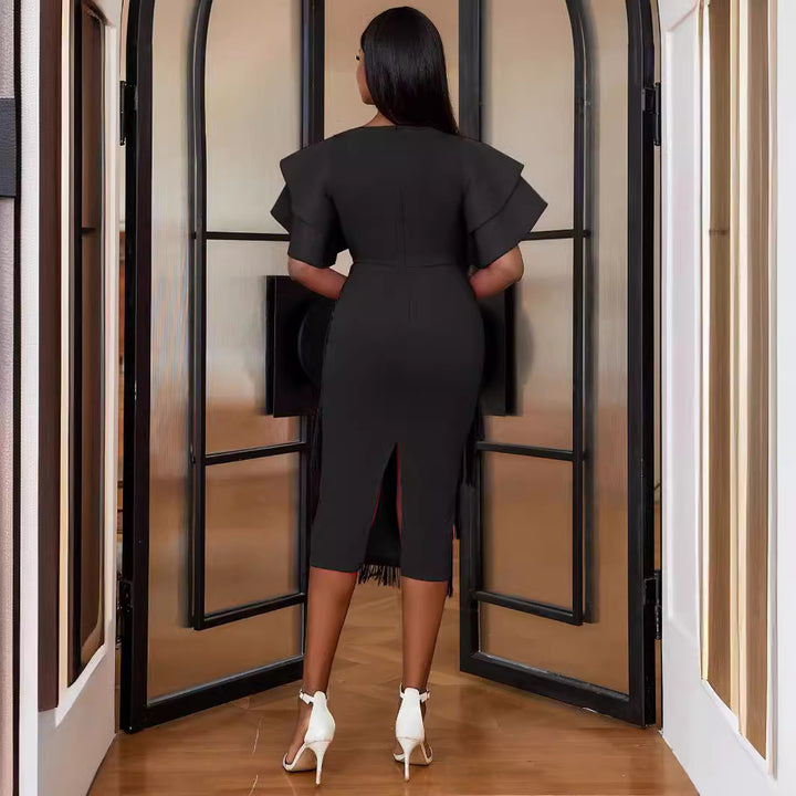 Damen Cocktailkleid mit voluminösen Rüschenärmeln und Fransen-Saum Drune