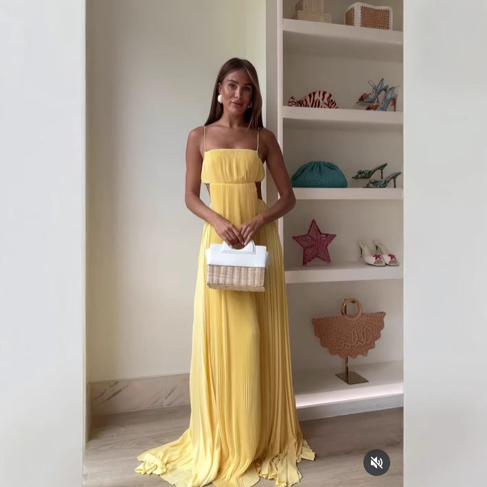 Damen Maxi-Kleid mit eleganter Plisseedetails und schmalen Spaghettiträgern Drune
