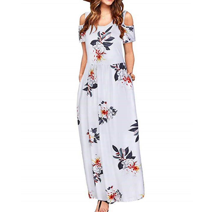 Damen Maxikleid mit schulterfreier Optik und buntem Blattmuster Drune