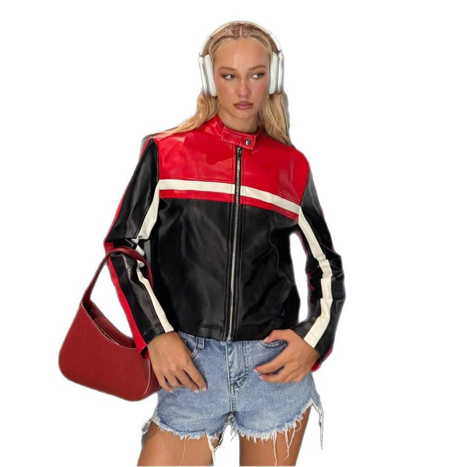 Damen stylische Kunstlederjacke im urbanen Biker-Design mit dekorativen Farbblock-Elementen Drune
