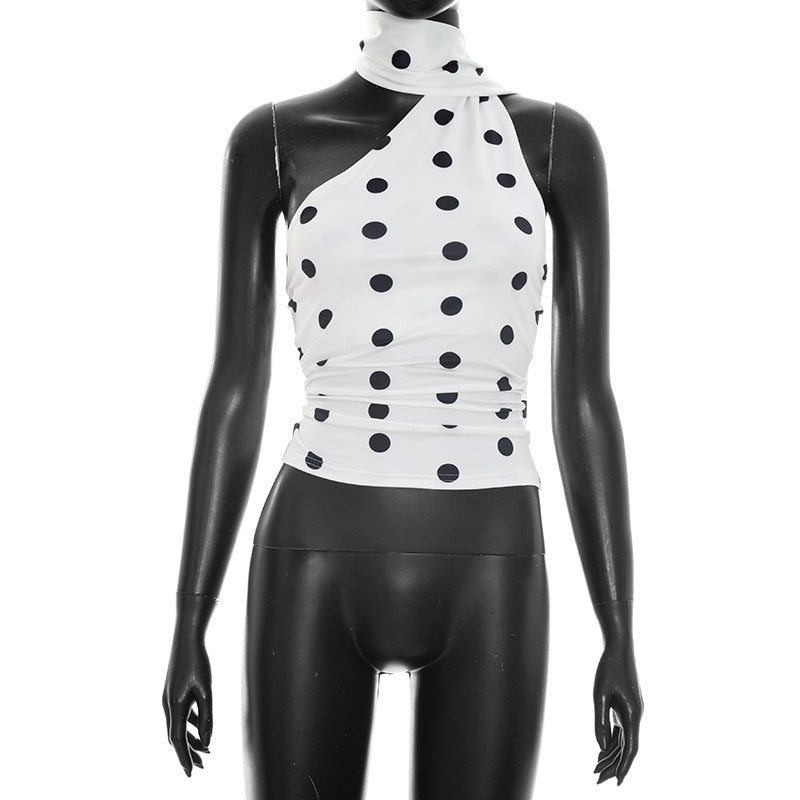 Damen asymmetrisches Oberteil mit verspieltem Punktmuster und elegantem Knoten Drune