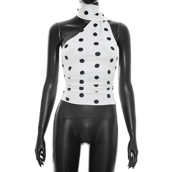 Damen asymmetrisches Oberteil mit verspieltem Punktmuster und elegantem Knoten Drune