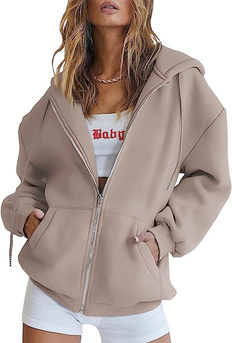 Damen nan übergroße Kapuzenjacke mit durchgehendem Reißverschluss und Kängurutaschen Drune