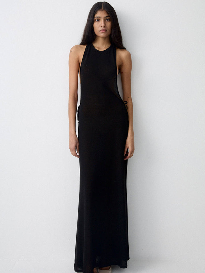 Damen Lange Seidenkleid mit kreativem Ausschnitt und eleganten Schleifendetails Drune