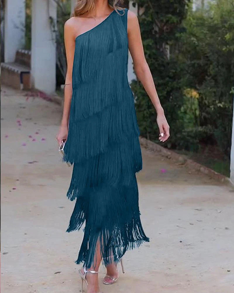 Damen Fransen Maxikleid mit asymmetrischem Schnitt und elegantem Detail Drune
