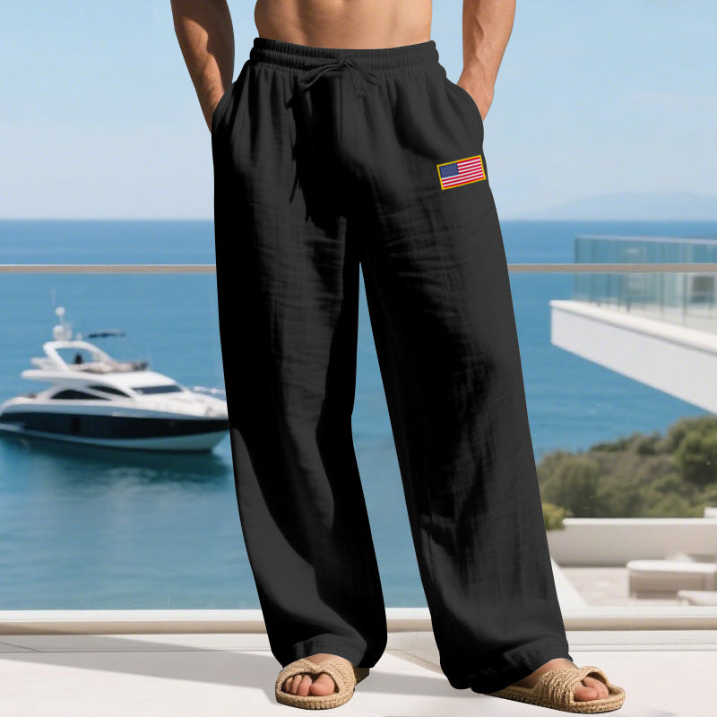 Herren lässige Strandhose mit amerikanischer Flaggen-Applikation und elastischem Bund Drune