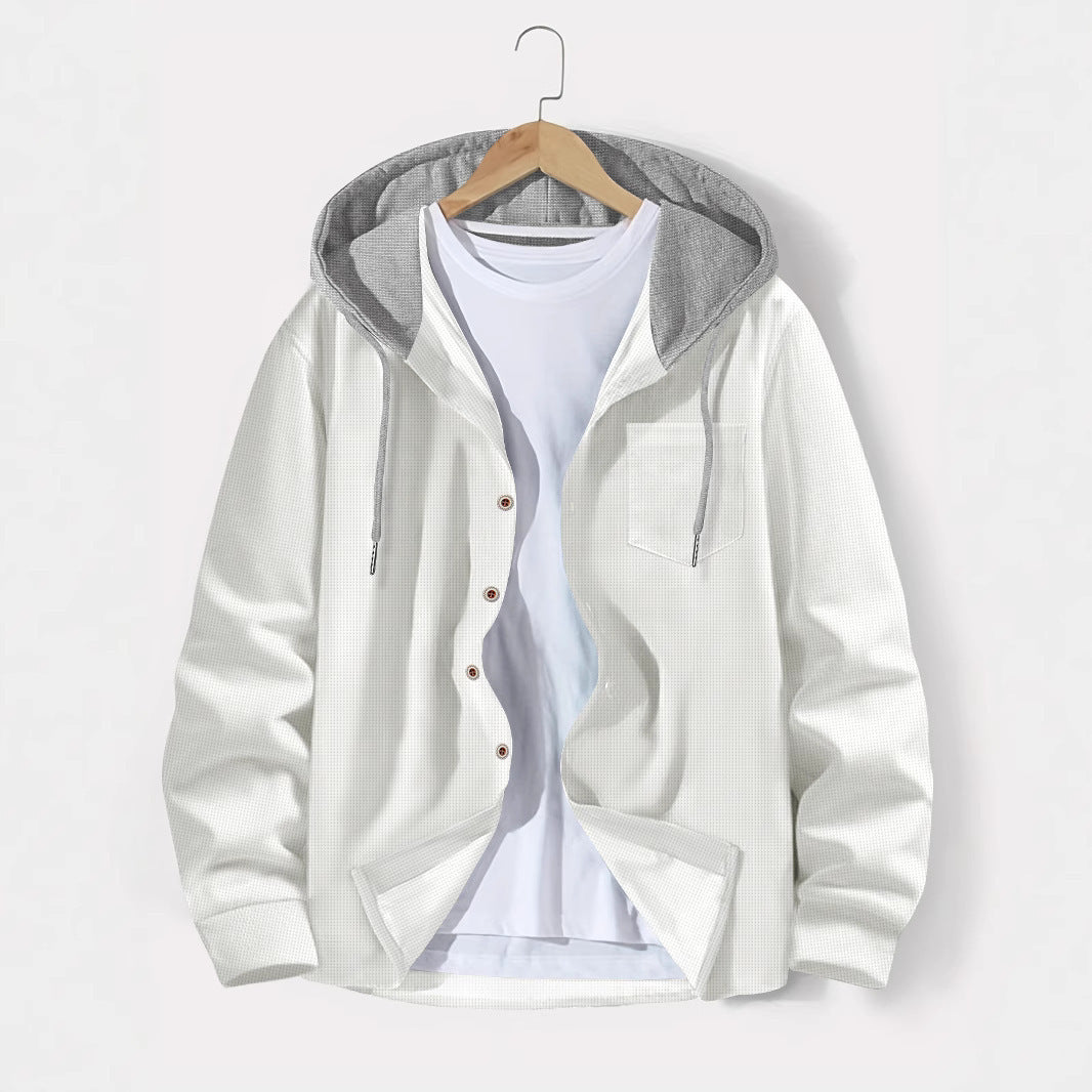 Herren nan leichtes Utility-Hoodie-Überhemd mit Kontrastkapuze, Knopfleiste und Brusttasche Drune