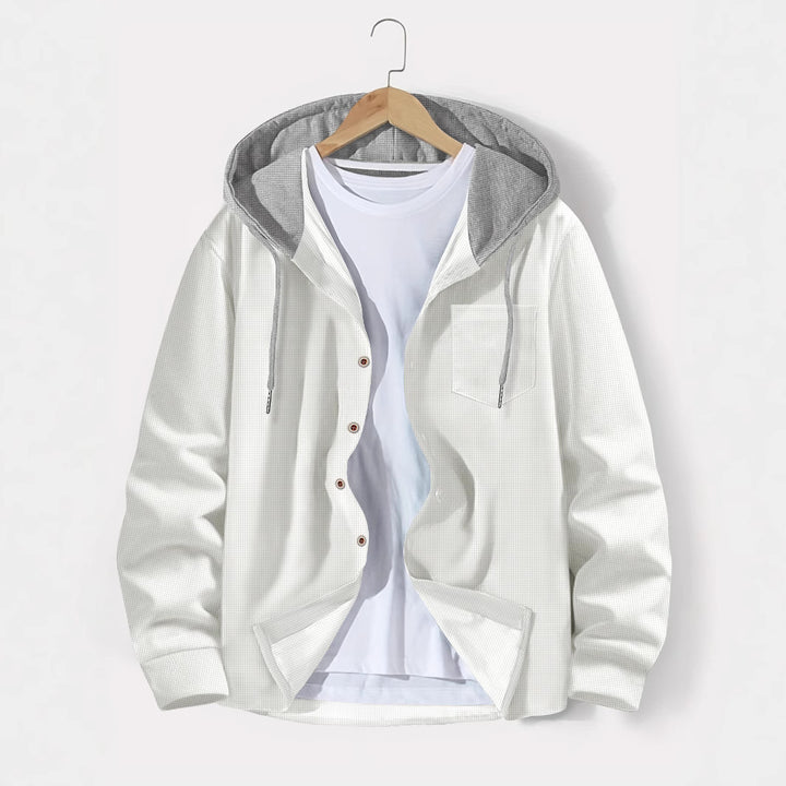 Herren nan leichtes Utility-Hoodie-Überhemd mit Kontrastkapuze, Knopfleiste und Brusttasche Drune