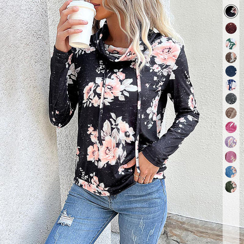 Damen Kapuzenpullover mit floralem Muster und modernem Rollkragen Drune