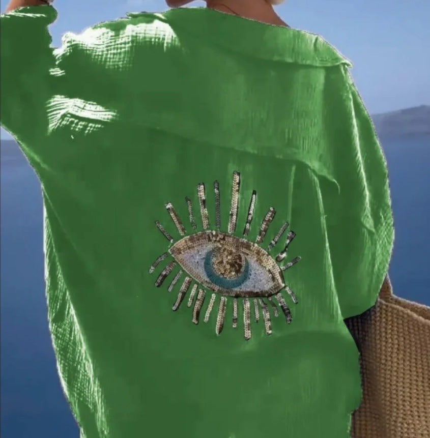Damen lässige Bluse mit einzigartigem Augenmotiv und gestickten Akzenten Drune