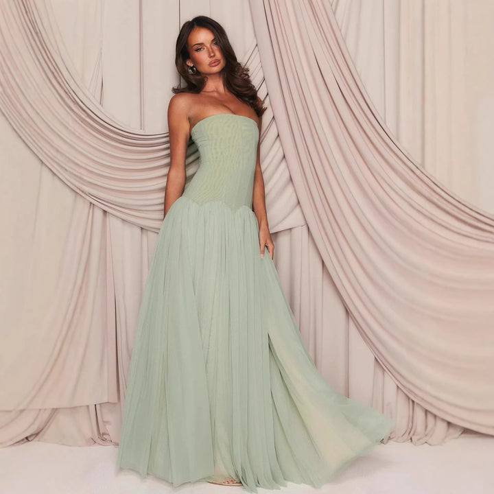 Damen elegantes, trägerloses Maxikleid mit fließendem Tüllrock Drune