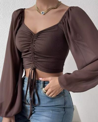 Damen Crop-Top mit strukturiertem Körper und eleganten Puffärmeln Drune