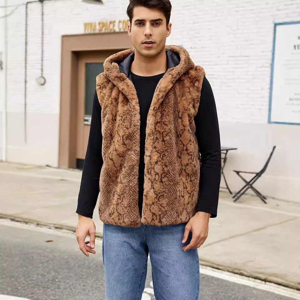 Herren Elegante Fleece-Weste mit Kapuze und Schlangenmotiv Drune
