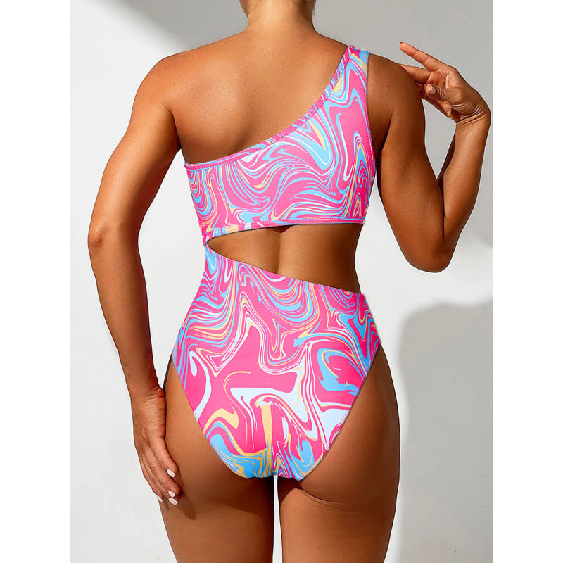 Damen One-Shoulder Bikini-Set mit buntem Muster und hohem Beinausschnitt Drune