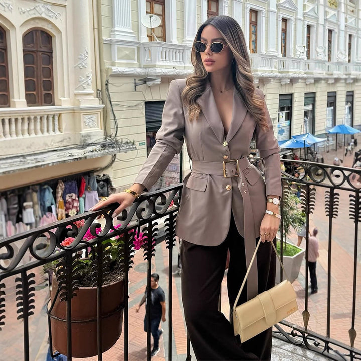 Damen eleganter taillierter Blazer mit Gürtel Drune