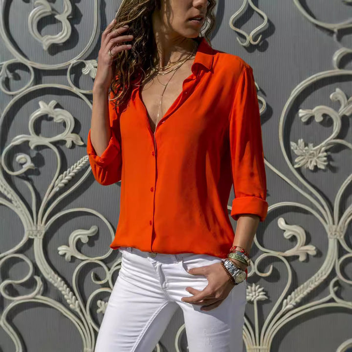 Damen nan lässige Viskose-Chiffon Bluse mit V-Ausschnitt und Umschlagärmeln Drune