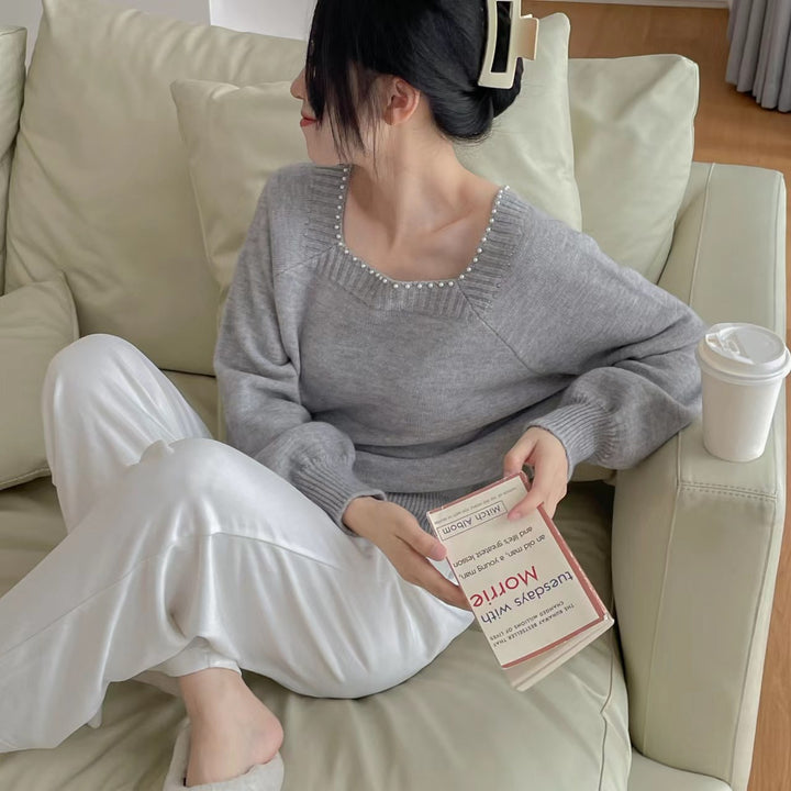 Damen lässiger Pullover mit elegantem Perlenkragen Drune