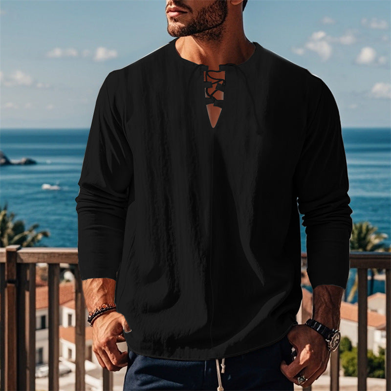 Herren modisches Langarmshirt mit Schnürung und V-Ausschnitt Drune