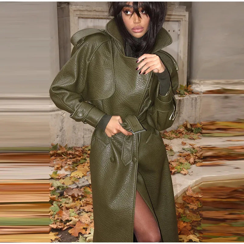 Damen Modische Kunstleder-Trenchjacke mit hohem Kragen Drune