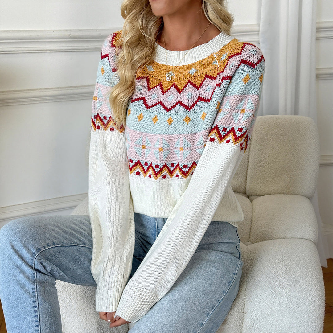 Damen Strickpullover mit traditionellem Muster und überschnittenen Schultern Drune