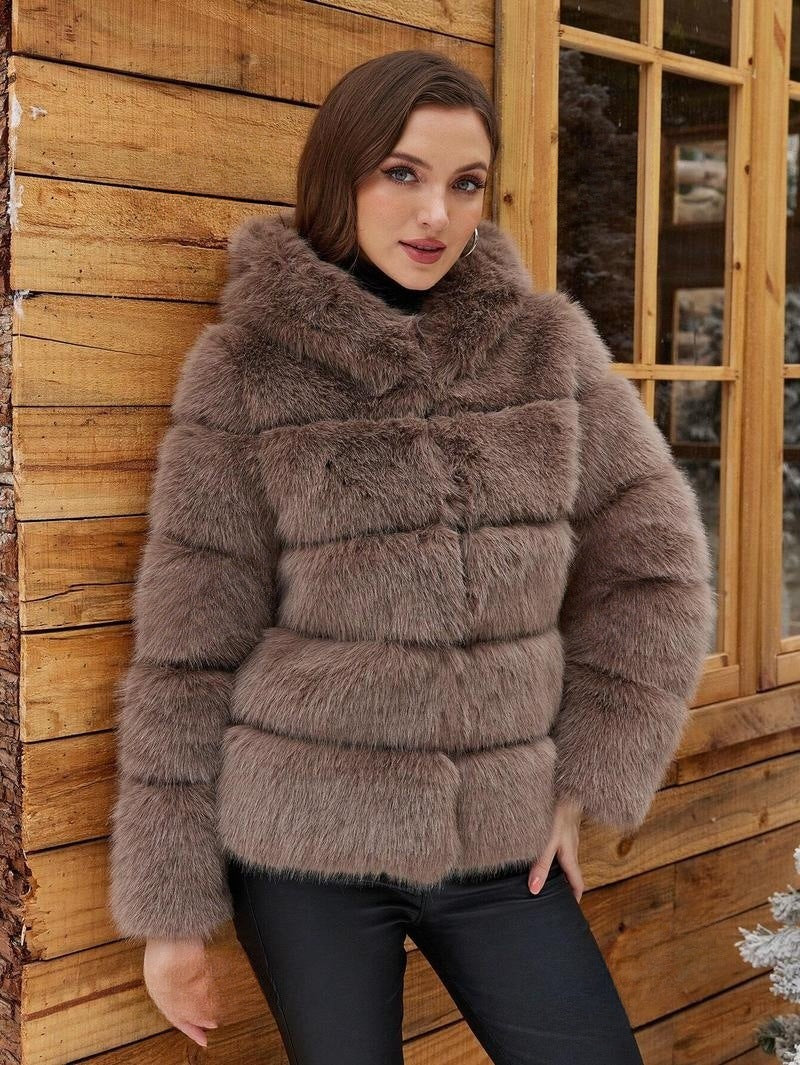 Damen Trendige Kunstpelzjacke mit Kapuze Drune