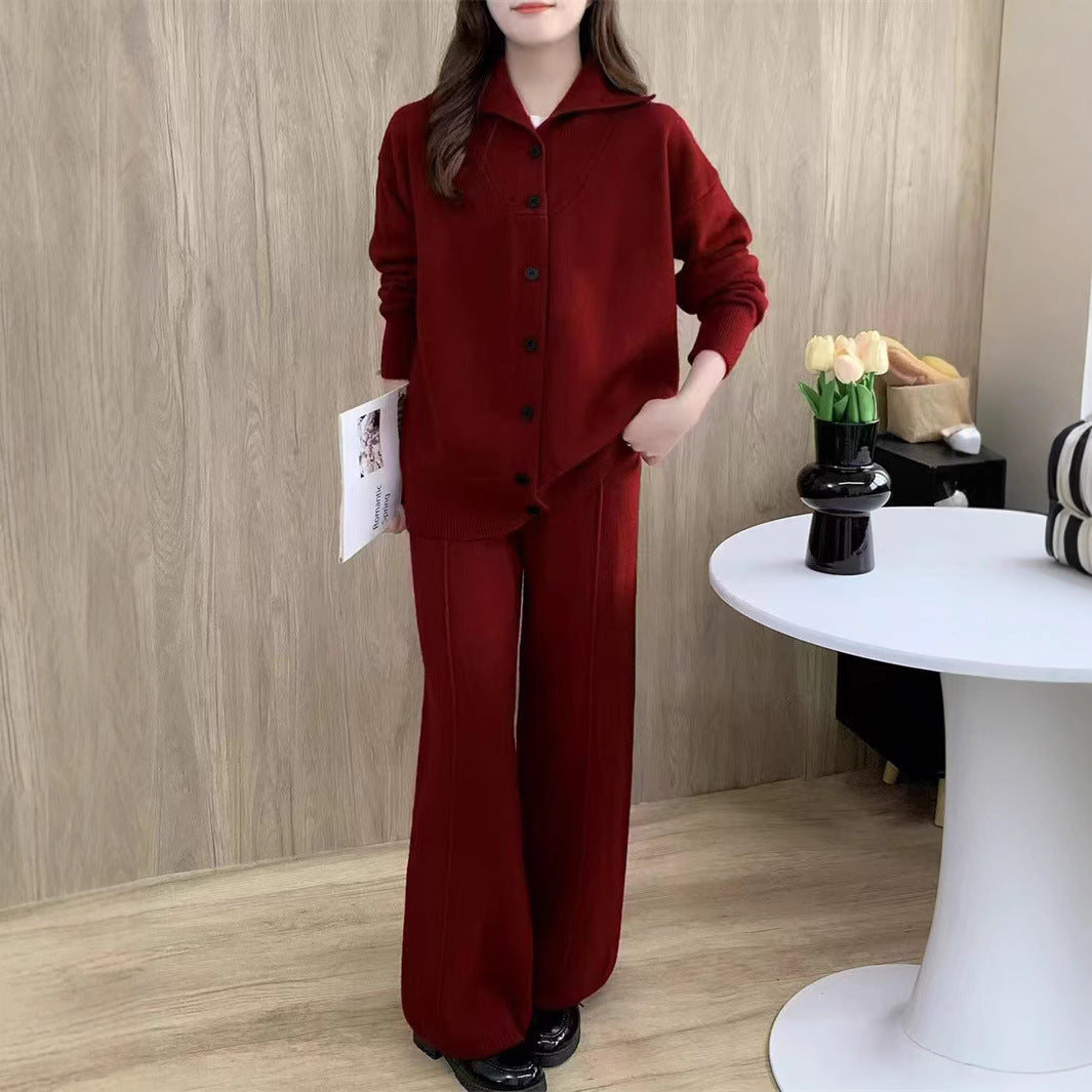 Damen Strickensemble mit modernem Stehkragen und komfortabeler Knopfleiste Drune