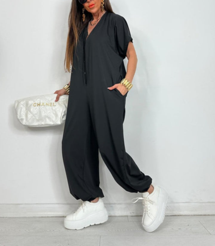 Damen Oversized Jumpsuit mit modernem Leopardenmuster und praktischen Taschen Drune