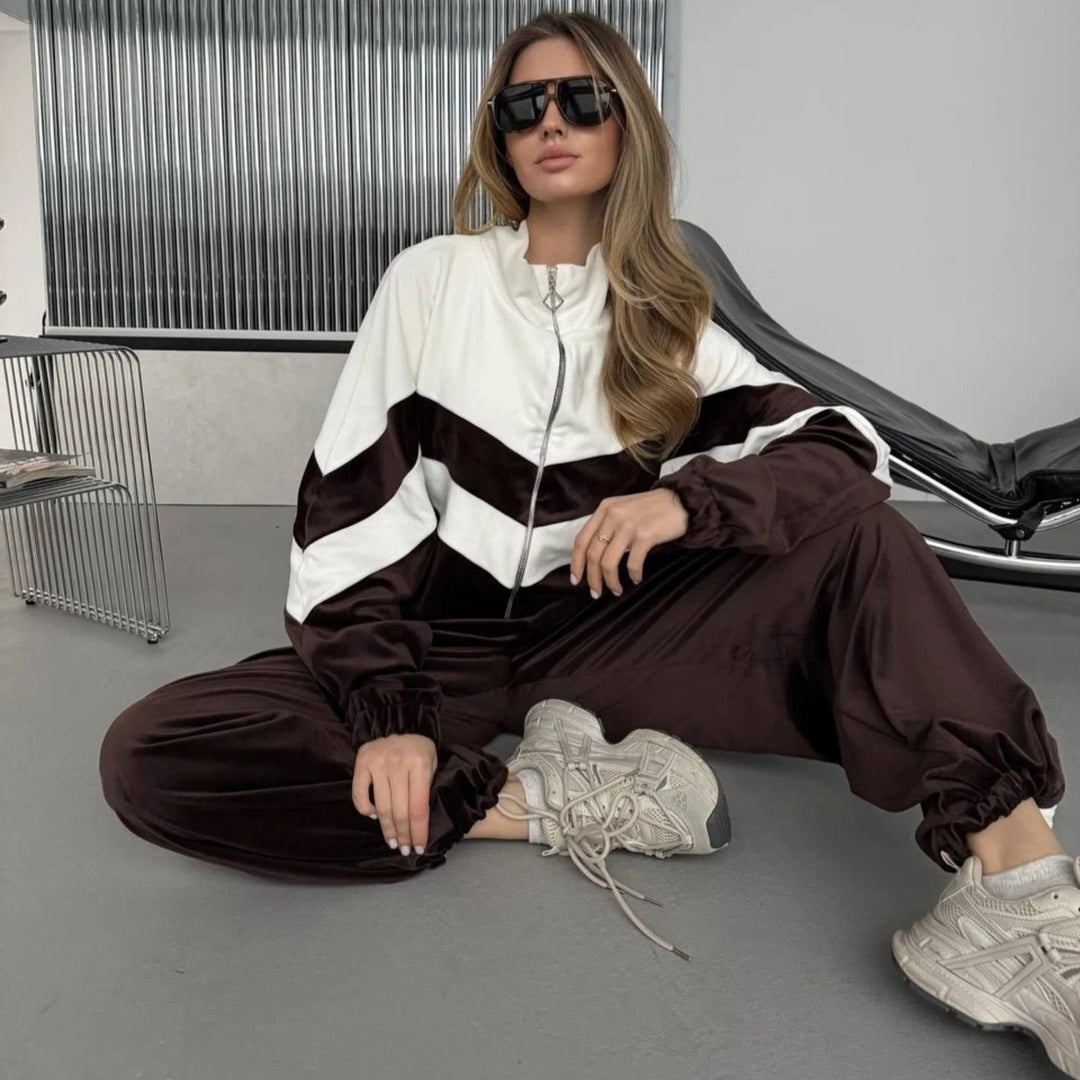 Damen Sportlicher Velours-Jogginganzug mit elegantem Reißverschluss und modernen Streifen Drune