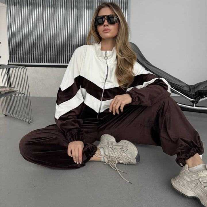 Damen Sportlicher Velours-Jogginganzug mit elegantem Reißverschluss und modernen Streifen Drune