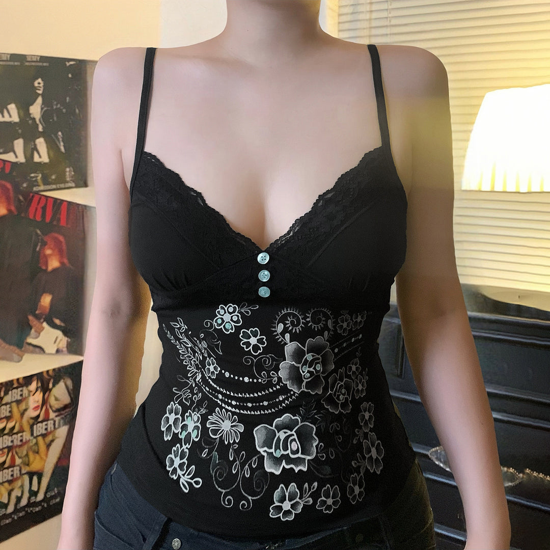 Damen Spitzentop mit floralem Design und dekorativen Knöpfen Drune