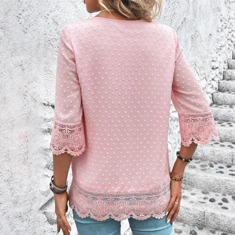 Damen Bluse mit ästhetischen Spitzendetails und Puffärmeln Drune