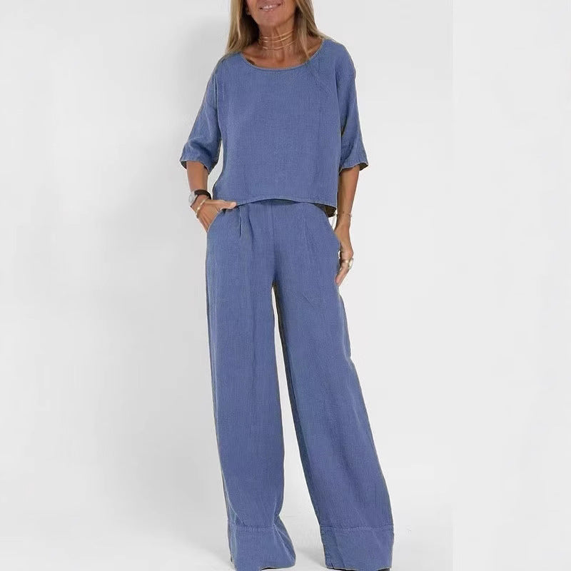 Damen luftiges Leinen-Ensemble mit weitem Schnitt und praktischen Taschen Drune
