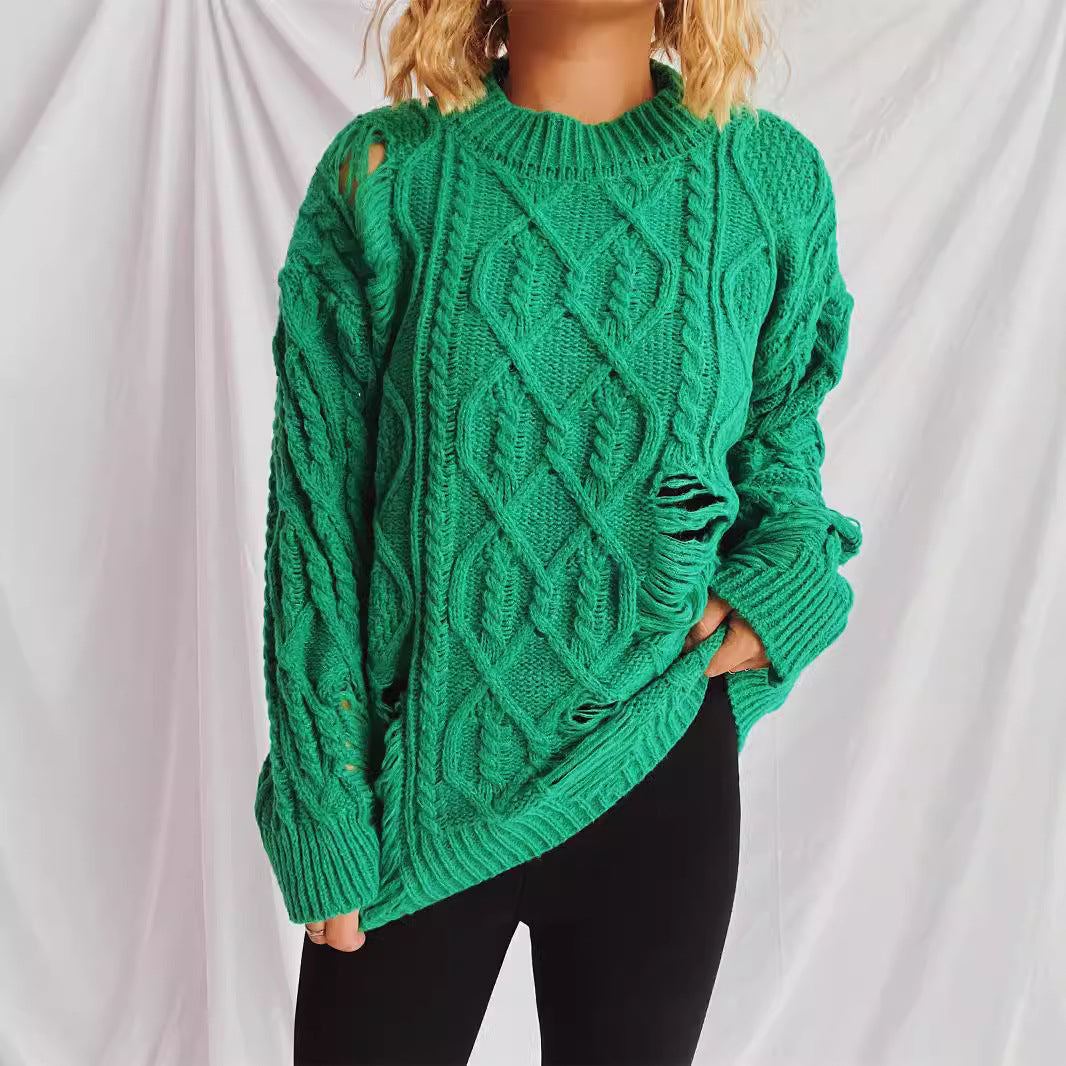 Damen lässiger Oversized-Pullover mit strukturiertem Zopfmuster und Fransen Drune