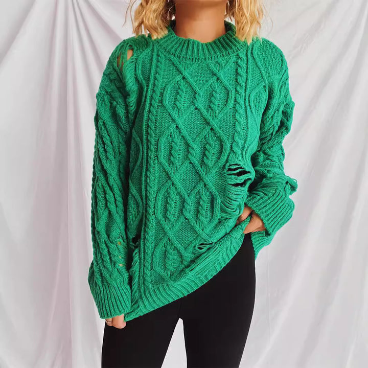 Damen lässiger Oversized-Pullover mit strukturiertem Zopfmuster und Fransen Drune