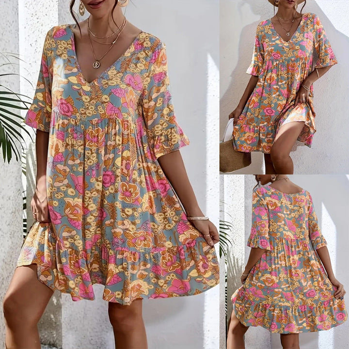 Damen Freizeitkleid mit floralem Muster und voluminösem Schnitt Drune
