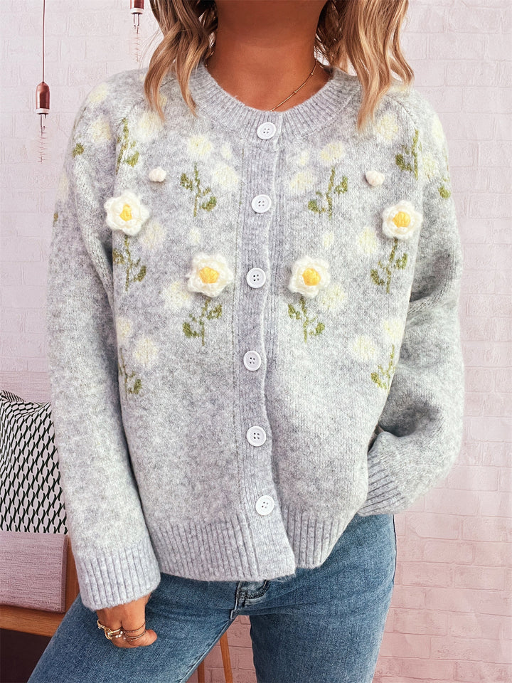 Damen Strickjacke mit floralem Design und Knopfverschluss Drune