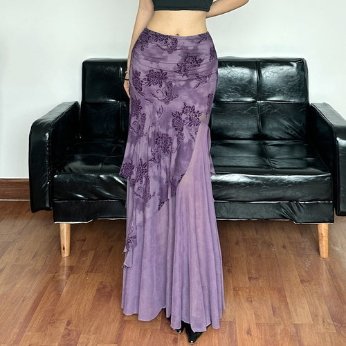 Damen eleganter asymmetrischer Maxirock mit floralen Verzierungen Drune