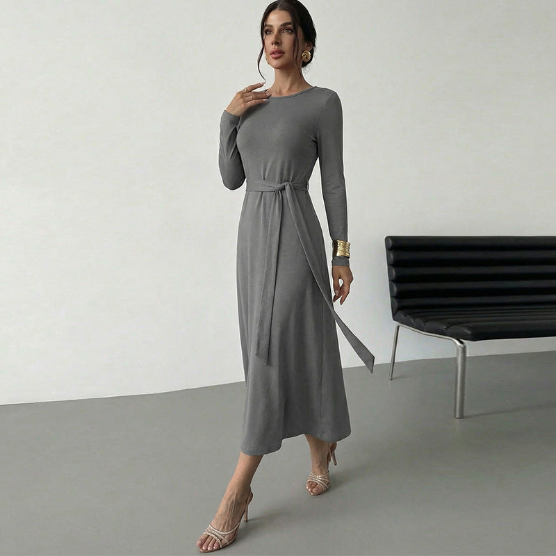 Damen elegantes Midikleid mit tailliertem Gürtel und langem Arm Drune