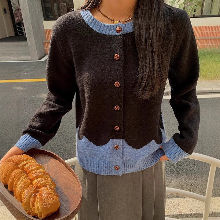 Damen elegante Strickjacke mit buntem Wellenmuster und Knopfdetails Drune