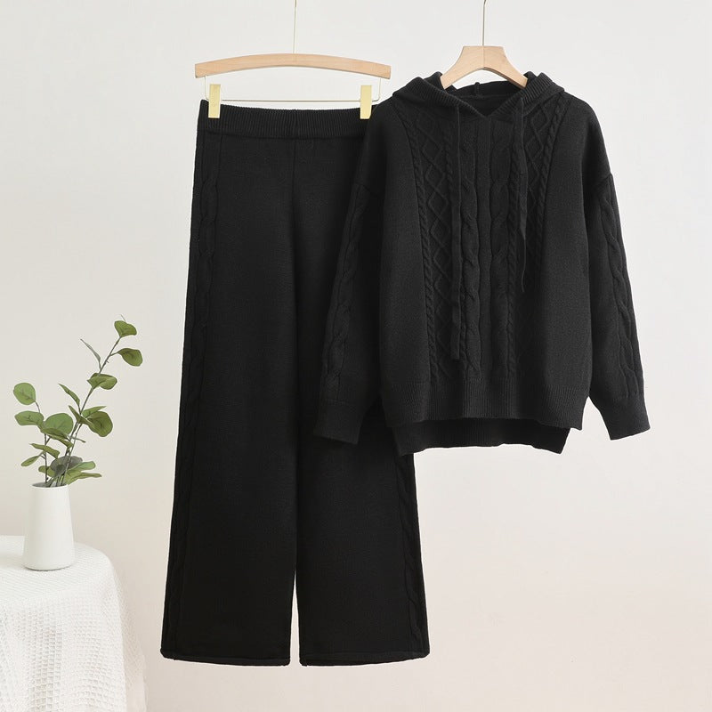 Damen lässiges Strick-Loungewear-Set mit Kapuze und breiten Beinen Drune