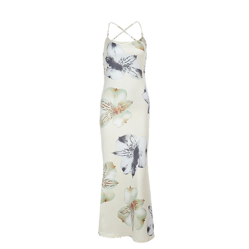 Damen Maxikleid mit zartem Blumenmuster und feinen Spaghetti-Trägern Drune