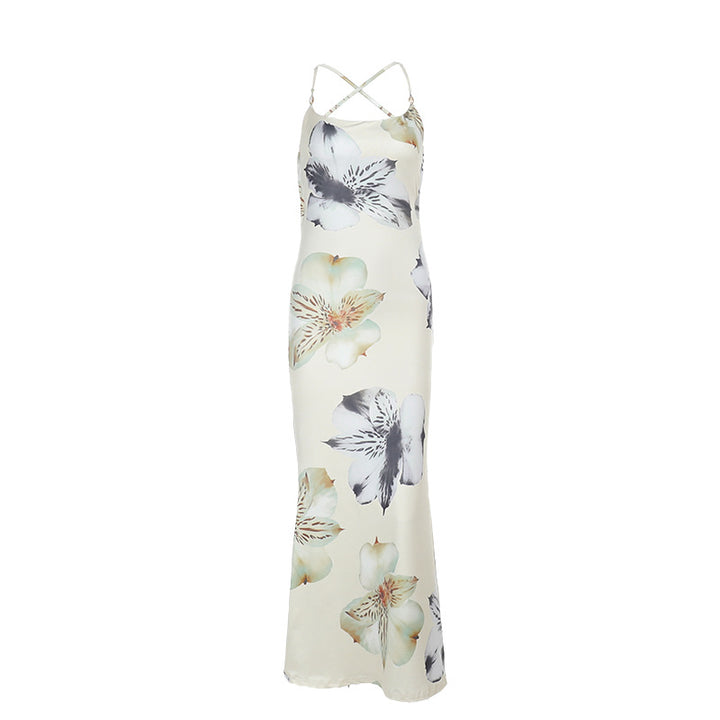 Damen Maxikleid mit zartem Blumenmuster und feinen Spaghetti-Trägern Drune