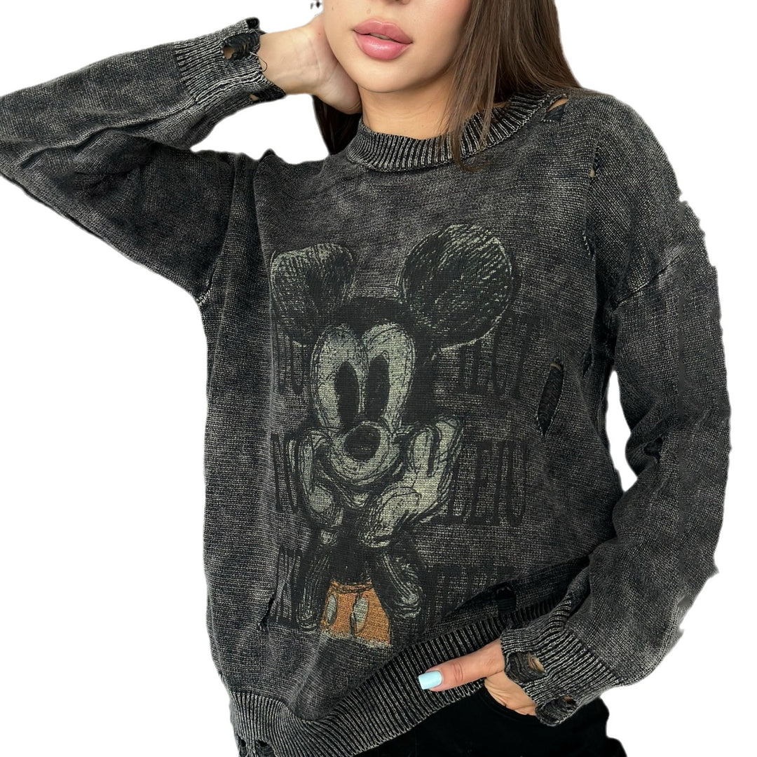 Damen Oversized Sweatshirt mit kreativem Disney-Motiv und modischen Lochdetails Drune