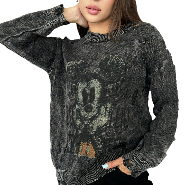 Damen Oversized Sweatshirt mit kreativem Disney-Motiv und modischen Lochdetails Drune