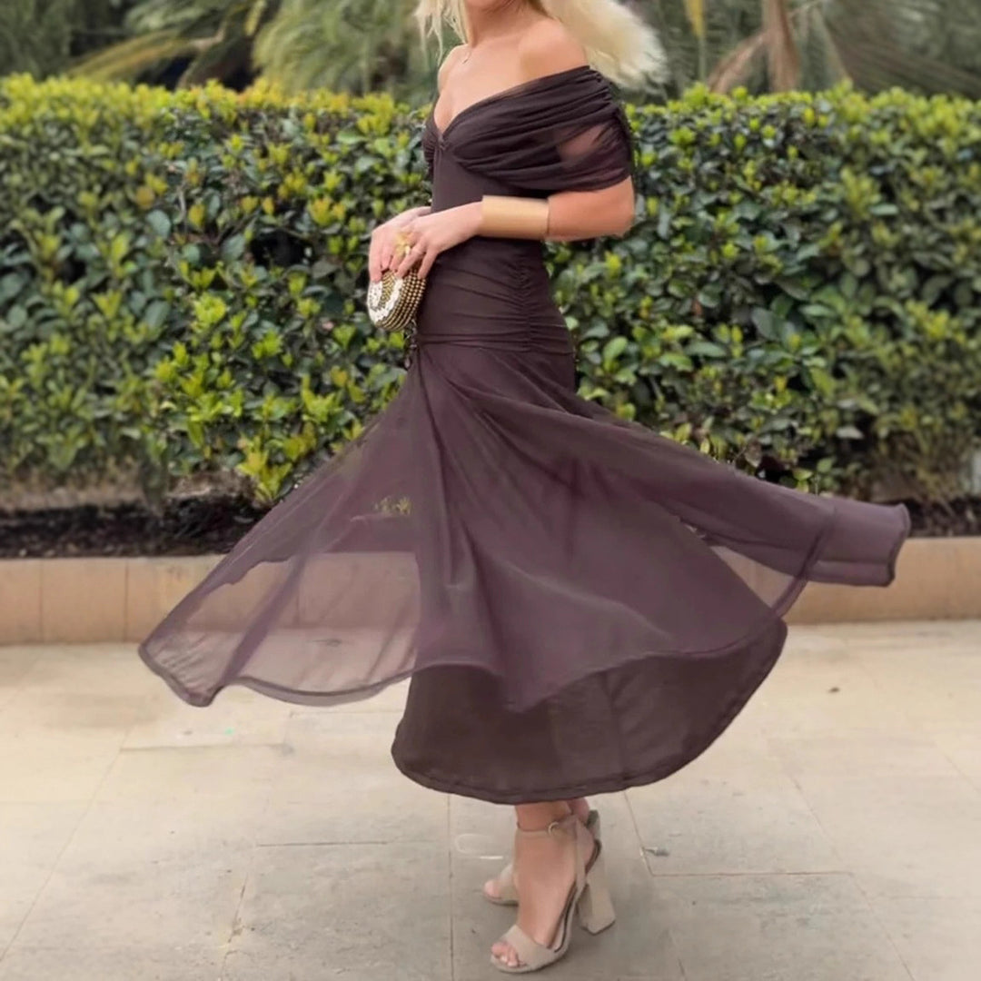 Damen nan fließendes Abendkleid mit transparentem Chiffon-Capelet, V-Ausschnitt und taillierter Drapierung Drune