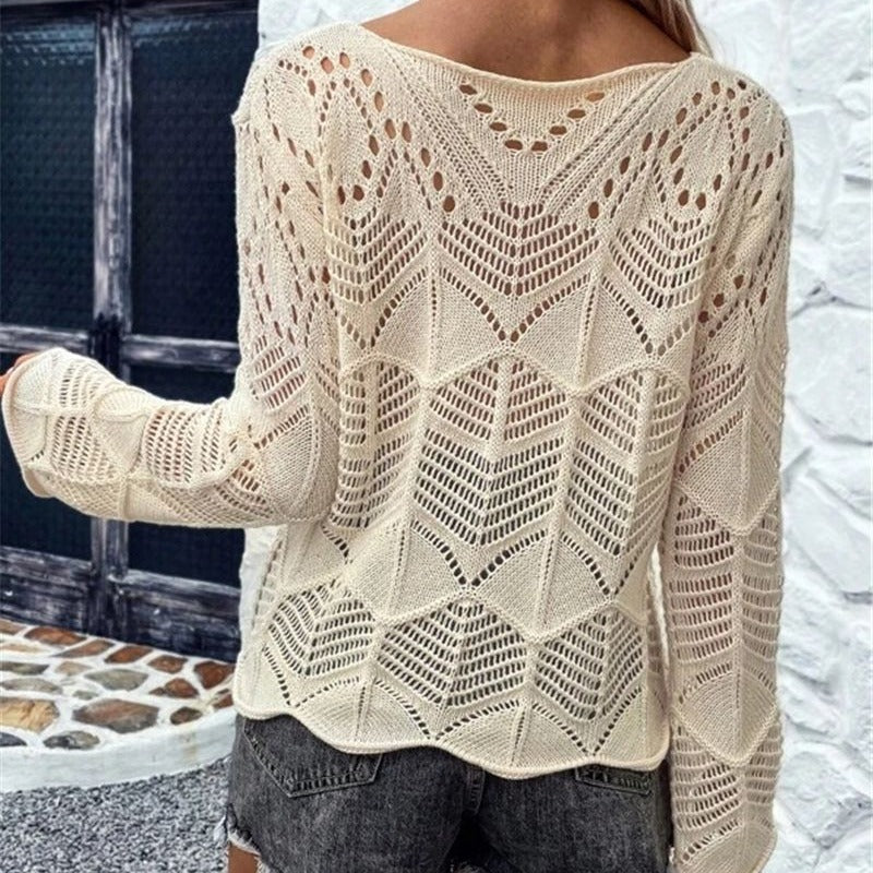 Damen Strickpullover mit filigranem Lochmuster und weitem Ärmel Drune