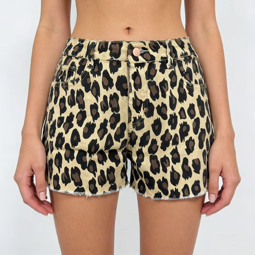 Damen lässige Leo-Shorts mit fransigem Saum und hohen Taschen Drune