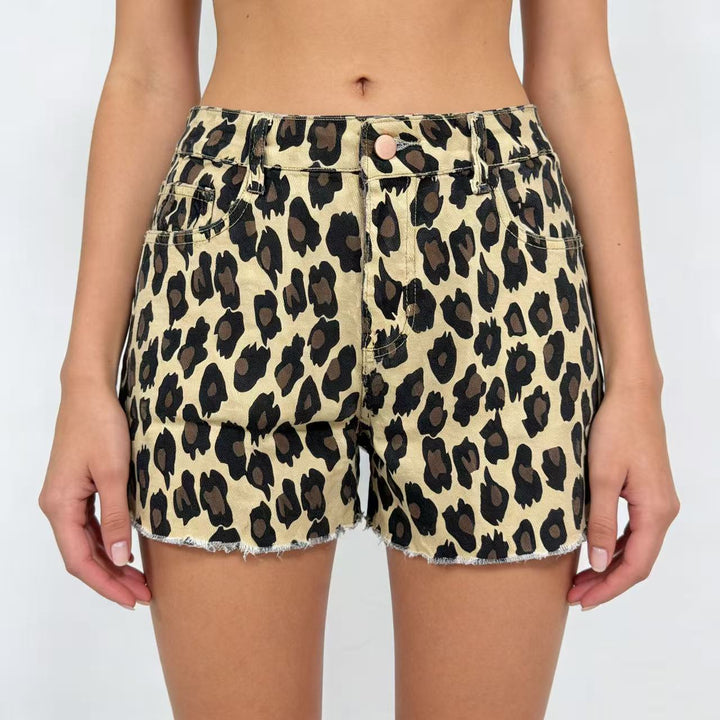 Damen lässige Leo-Shorts mit fransigem Saum und hohen Taschen Drune
