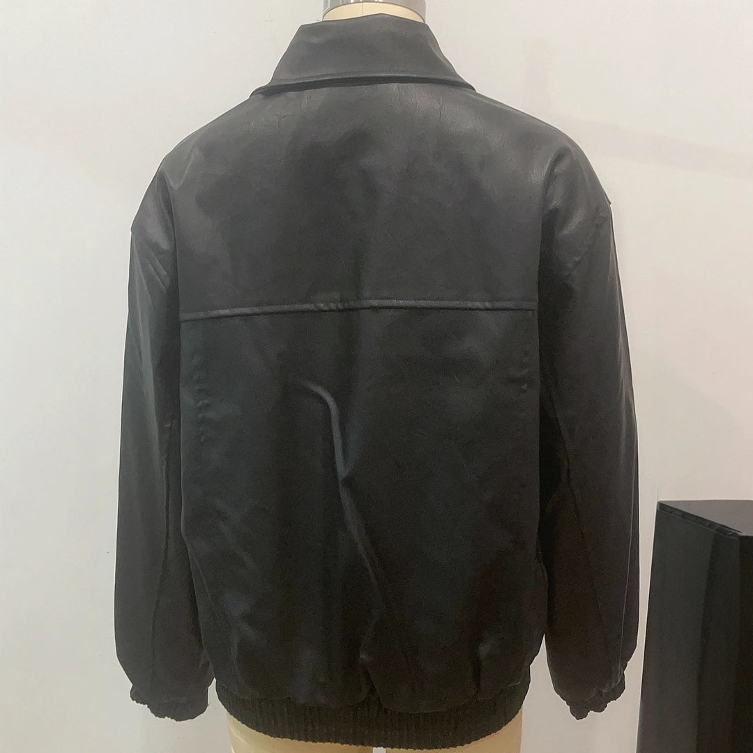 Damen lässige Lederjacke mit elastischem Saum und praktischen Taschen Drune