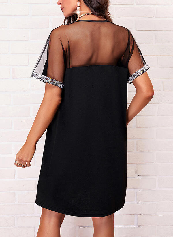 Damen trendy Freizeitkleid mit elegantem V-Ausschnitt und transparenter Schulterpartie Drune